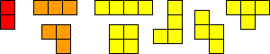  1 domino, 2 triominoes, 5 tetrominoes 