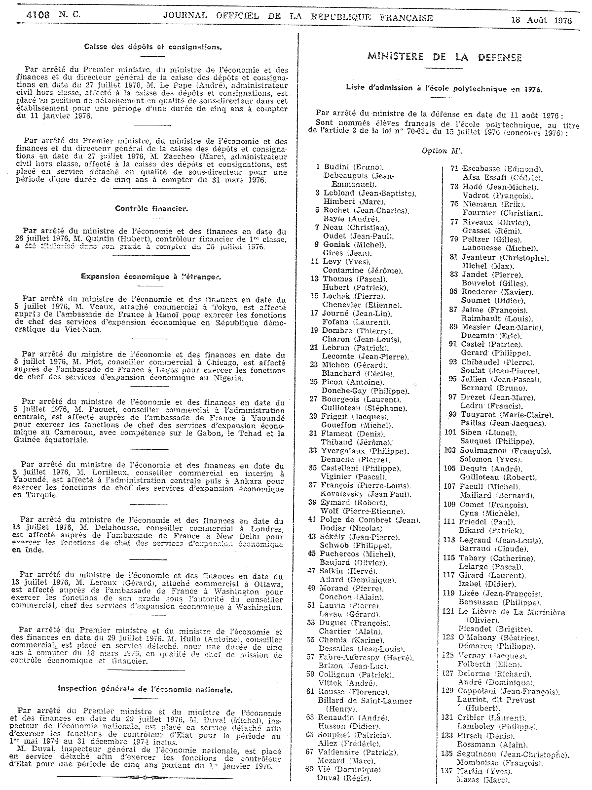  Journal Officel de la Republique Framcaise 
 18 aout 1976 - page 4108 N.C.